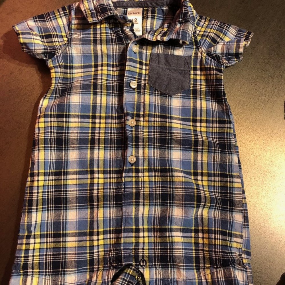 Plaid Cotton Button-Up Shorts Jumper Like New